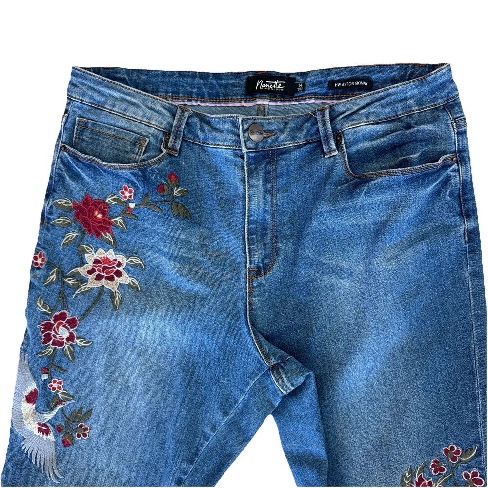 Nanette Lepore HW Astor Skinny Jeans 14 Embroidered Floral Bird Crane High Rise‎